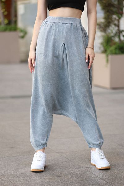 AYASOFYA OTANTIK Gray Antique Cotton Knitwear Shalwar Trousers - Elastic Waist and Legs, Pocket Detailed