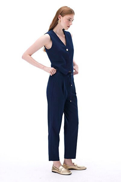 Perspective Navy Colored V-Neck Short Length Striped Patterned Women's Vest - Actors Regular Fit