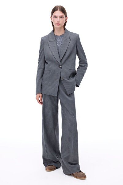 Perspective Anthracite Colored Striped Regular Fit Women's Jacket - Fitted Sleeve and Collar Detail