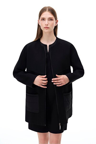 Perspective Black Mona Regular Fit Crew Neck Fitted Sleeve Women's Coat