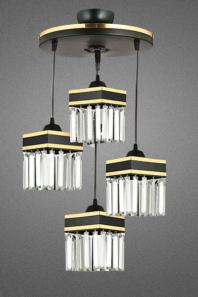 SONSUZ AYDINLATMA&AVİZE Infinite 4-Piece Black Pendant Lamp with Crystal Stones and Yellow Stripe Square Downward Facing Luxury Chandelier