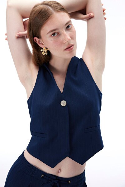 Perspective Navy Colored V-Neck Short Length Striped Patterned Women's Vest - Actors Regular Fit