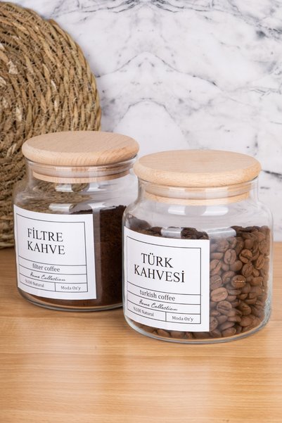 MODA OZY 2li 500ml Ahşap Kapaklı Türk Kahvesi &Filtre Kahve Etiketli Kavanoz Cam Saklama Kabı