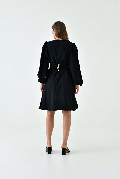 WOMAN VISION Kadın Abiye Elbise - V Yaka Kuşaklı Düğme Detaylı Balon Kollu Geniş Kalıp 1003