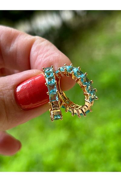 ByMerve Bym132 Turquoise Colored Baguette Stone Gold Color Hoop Daily Women's Steel Earrings