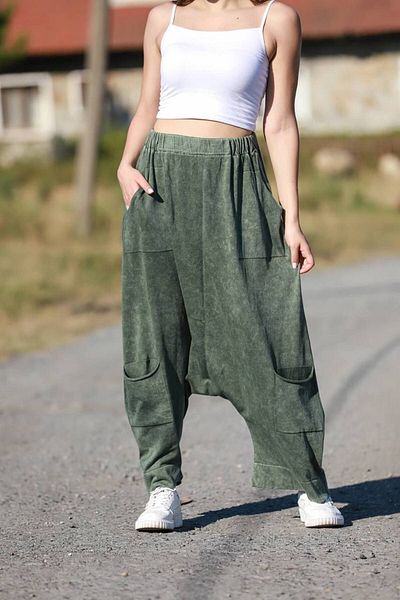 AYASOFYA OTANTIK Khaki Women's Knitwear Trousers - Bag Pocket Detail, Distressed Wide Leg, Loose Cotton