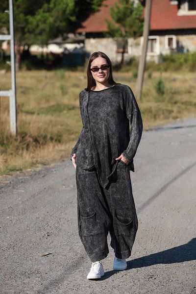 AYASOFYA OTANTIK Black Loose Cotton Knitwear Trousers - Bag Pocket Detail and Wide Leg