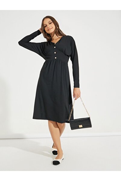 Take Two By Styli Solid Button Front Long Sleeve Knee Length Dress