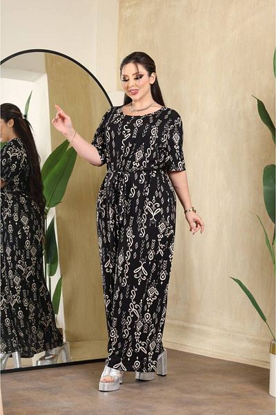 garajmood Large Size Jumpsuit with White Pattern on Black
