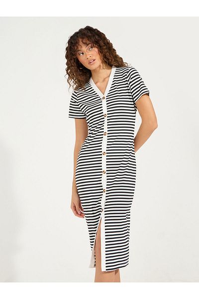 Styli Striped Button Detail T-Shirt Knee Length Dress