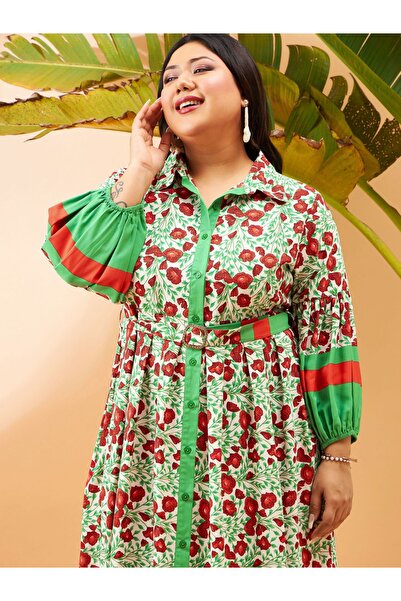 Sassafras By Styli Plus Floral Print Belted Shirt Midi Dress