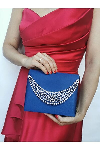 NAZART Γυναικείο βραδινό φόρεμα από στρας σατέν μπλε ναυτικό με λουράκι με αλυσίδα για νυχτερινή τσάντα ώμου αρραβώνων