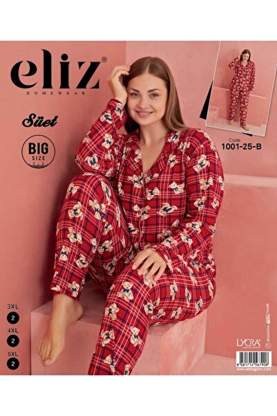 eliz Kadın Büyük Beden Kışlık Önden Düğmeli Pijama Takımı