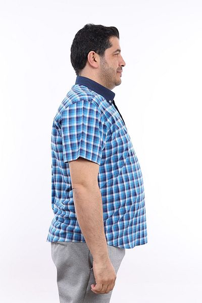 TOUSUS Ανδρικό πουκάμισο μεγάλου μεγέθους Navy Blue-Turquoise καρό Lycra KK-8044-TSS