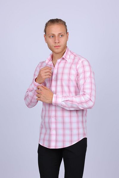 TOUSUS Ανδρικό πουκάμισο Slim Fit καρό ροζ Slm-5014-tss