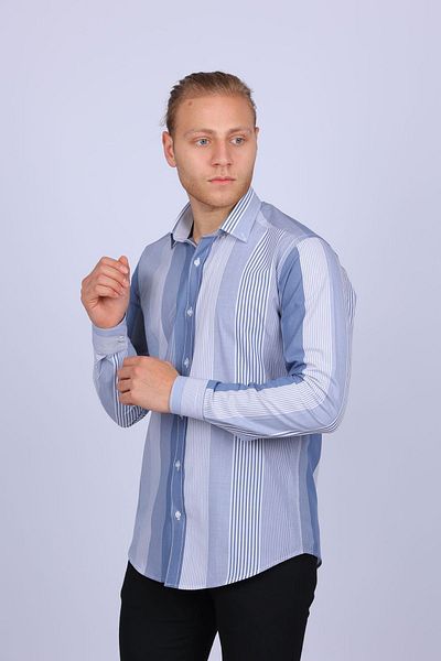 TOUSUS Ανδρικό πουκάμισο Slim Fit Γκρι ριγέ Slm-5002-tss