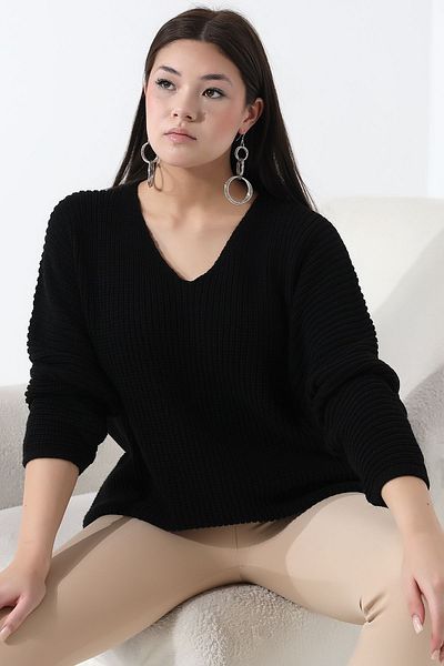 Devinka Pulover de damă negru cu decolteu în V Thessaloniki tricot supradimensionat