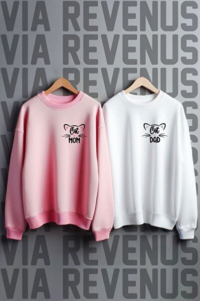 Vordevia سويت شيرت مطبوع عليه Cat Dad Cat Mom - مقاس عريض 3 خيوط