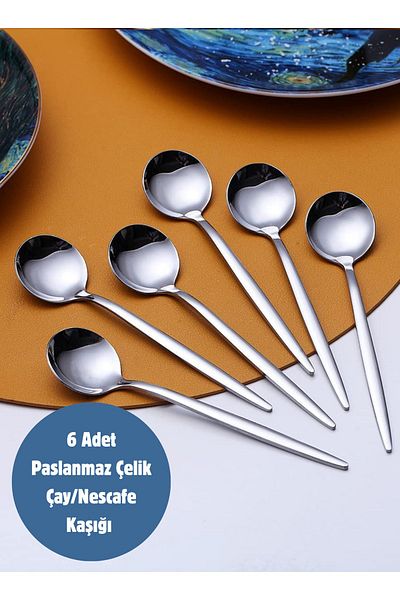 BRE HOME Lux Silver 6-Piece Round Spoon - Stainless Steel, 13.5 Cm, for Nescafe and Tea