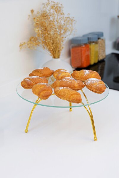 ZURİ DESİGN صينية زجاجية وحامل عرض للكيك والكعك بأرجل معدنية ذهبية