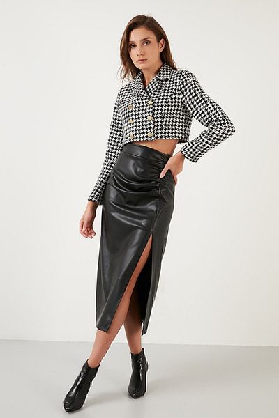 Lela Houndstooth Patterned Buttoned Slim Fit Crop Jacket Jacket 611c007
