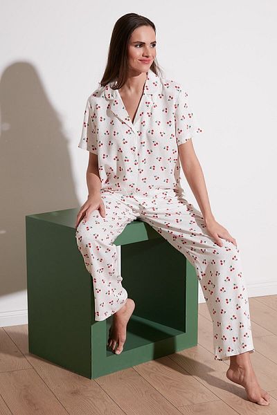Lela Set de pijama cu mânecă scurtă, cu croială confortabilă, picior lat, cu guler mono, Set pijama 6110290