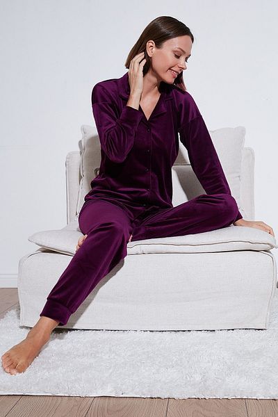 Lela Shiny Velvet Ribbed Regular Fit Pajama Set - Pyjamas Set 6097110