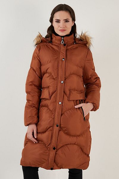 Lela Quilted Winter Long Coat with Faux Fur Collar and Removable Hood