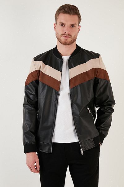 Buratti Slim Fit Color Blocked College Collar Bomber Faux Leather Coat Men's Coat 5718909