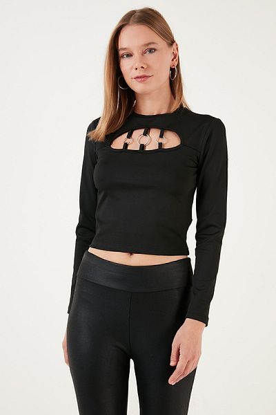 Lela Slim Fit Crew Neck Crop Μπλούζα με Μπροστινό Παράθυρο BLUZ 5865399