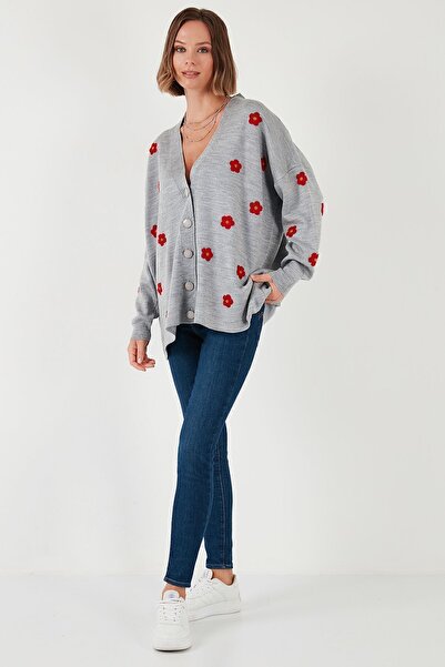 Lela М'яка акрилова кофта з V-подібним коміром і квітковим принтом - Oversize Fit КОФТА 4616192