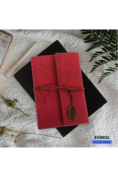 EVİMOL Leaf Patterned Laced Leather Covered MEMORY BOOK RED
