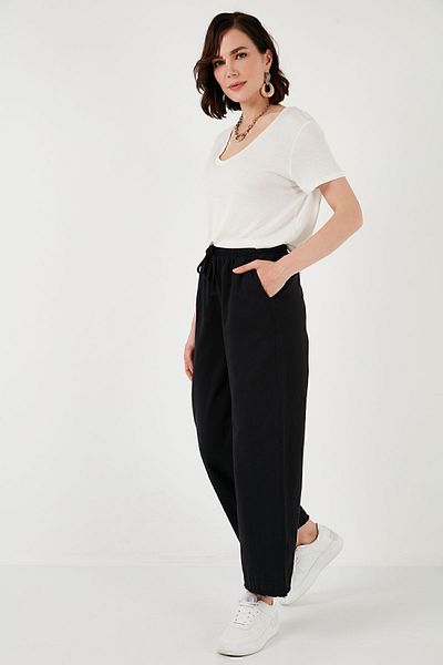Lela Wide Leg Cotton Regular Fit Pants with High Waist and Pockets - 668Yp4