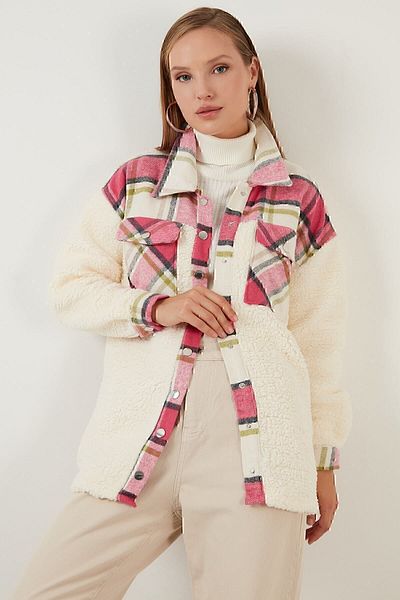 Lela Oversize Plaid Patterned Pocket Faux Fur Winter Shirt Jacket Shirt Jacket 42190477