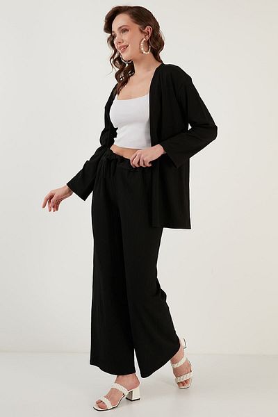 Lela Waist Tied Comfortable Cut Crinkle Fabric Trousers 5862061