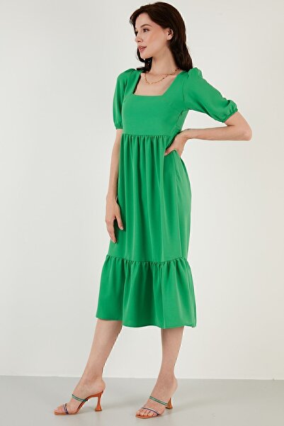 Lela Rahat Kalıp Kare Yaka Volanlı Uzun Elbise