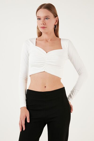 Lela Slim Fit Heart Collar Front Gathered Crop Blouse BLOUSE 5865401