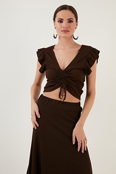 Lela Büzgü Detaylı Kolları Fırfırlı Dar Kesim Crop Bluz Bluz 5865015