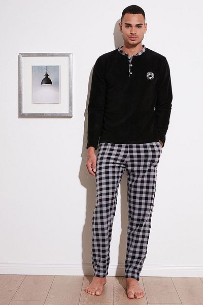 Buratti Σετ χειμωνιάτικων ανδρικών πιτζάμες fleece - καρό, με κουμπιά, λαιμόκοψη, κανονική εφαρμογή - 609