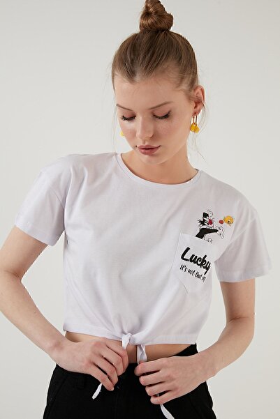 Lela Γυναικείο μπλουζάκι με στάμπα με λαιμόκοψη με λεπτομέρεια 100% βαμβακερό μπλουζάκι 5411097