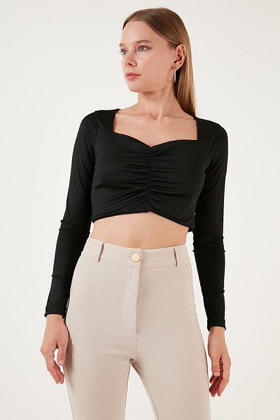 Lela Slim Fit Sweetheart λαιμόκοψη μπροστινή μαζεμένη μπλούζα Crop BLUZ 5865401