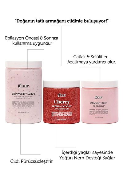 GLOUR Set of 3 Cherry India Extract Sugar Scrub & Strawberry Extract Body Yogurt and Strawberry Extract Scrub