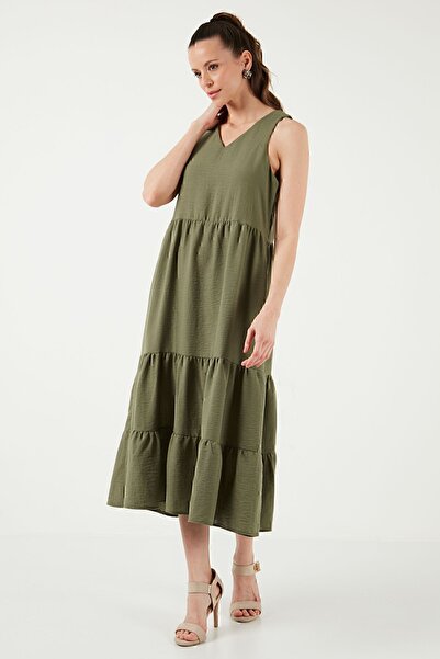 Lela Relaxed Fit V Yaka Volanlı Midi Elbise ELBİSE 611EL011