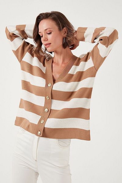 Lela V-neck Striped Soft Acrylic Cardigan - Regular Fit Cardigan 4615188