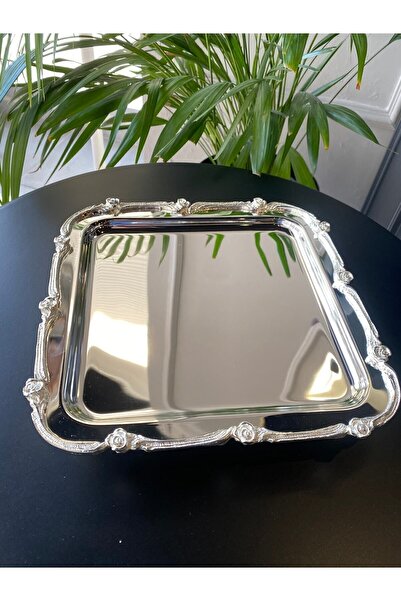 ABROZ HOME DESIGN صينية قهوة فضية بحافة وردية