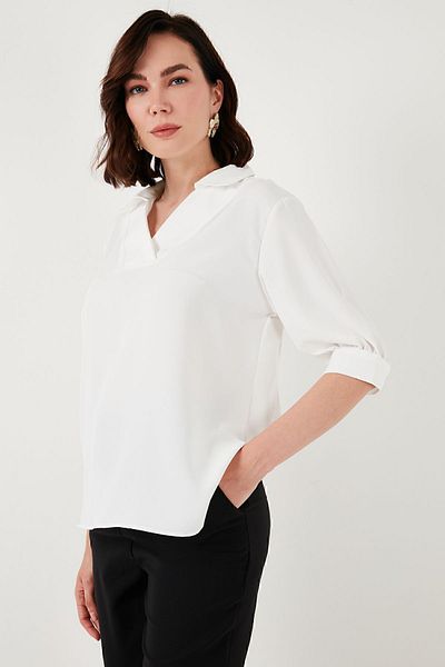 Lela بلوزة بأكمام ثلاثة أرباع كبيرة الحجم ورقبة على شكل حرف V - BLUZ66904932S4