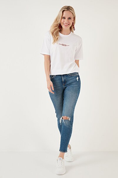 Lela Γραπτή Λεπτομερής Βαμβακερή μπλούζα με λαιμόκοψη T SHIRT 541RUEDELA