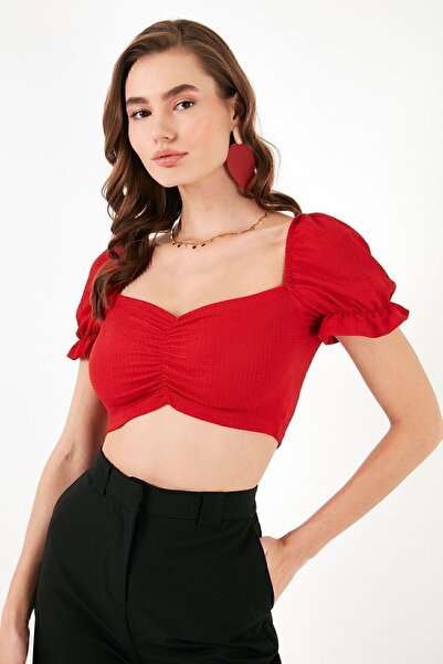 Lela Slim Fit Büzgü Detaylı Kalp Yaka Crop Bluz  BLUZ 5865601