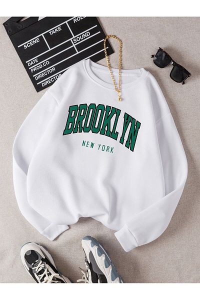 MODARİCH Бял зимен суитшърт с щампа Brooklyn Ny - голям размер - с повдигнато кръгло деколте