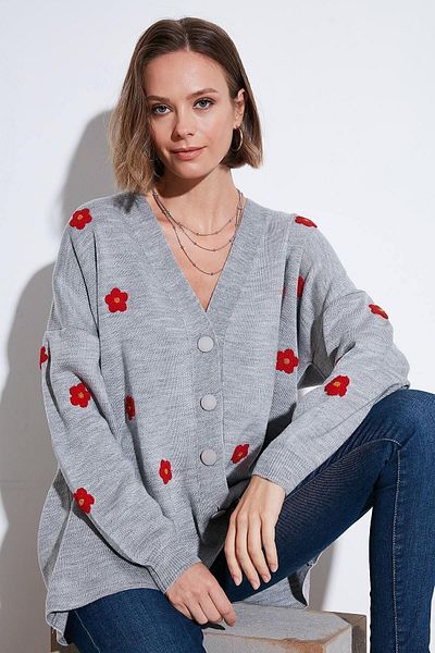 Lela Soft Acrylic V-neck Floral Cardigan - Oversize Fit Cardigan 4616192